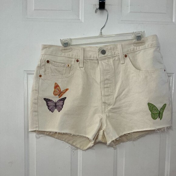 Levi's Plus-Size Cream Butterfly High-Rise Button-Fly Summer/Beach Shorts Sz 32 - Picture 1 of 8